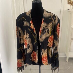 ARTEX Cardigan in Floral Black/Orange/Gold  Fringes on sleeves Size Large